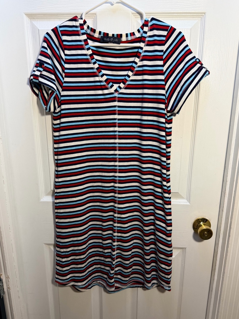 August Silk Striped V-Neck T-Shirt Dress in Red, Blue & White